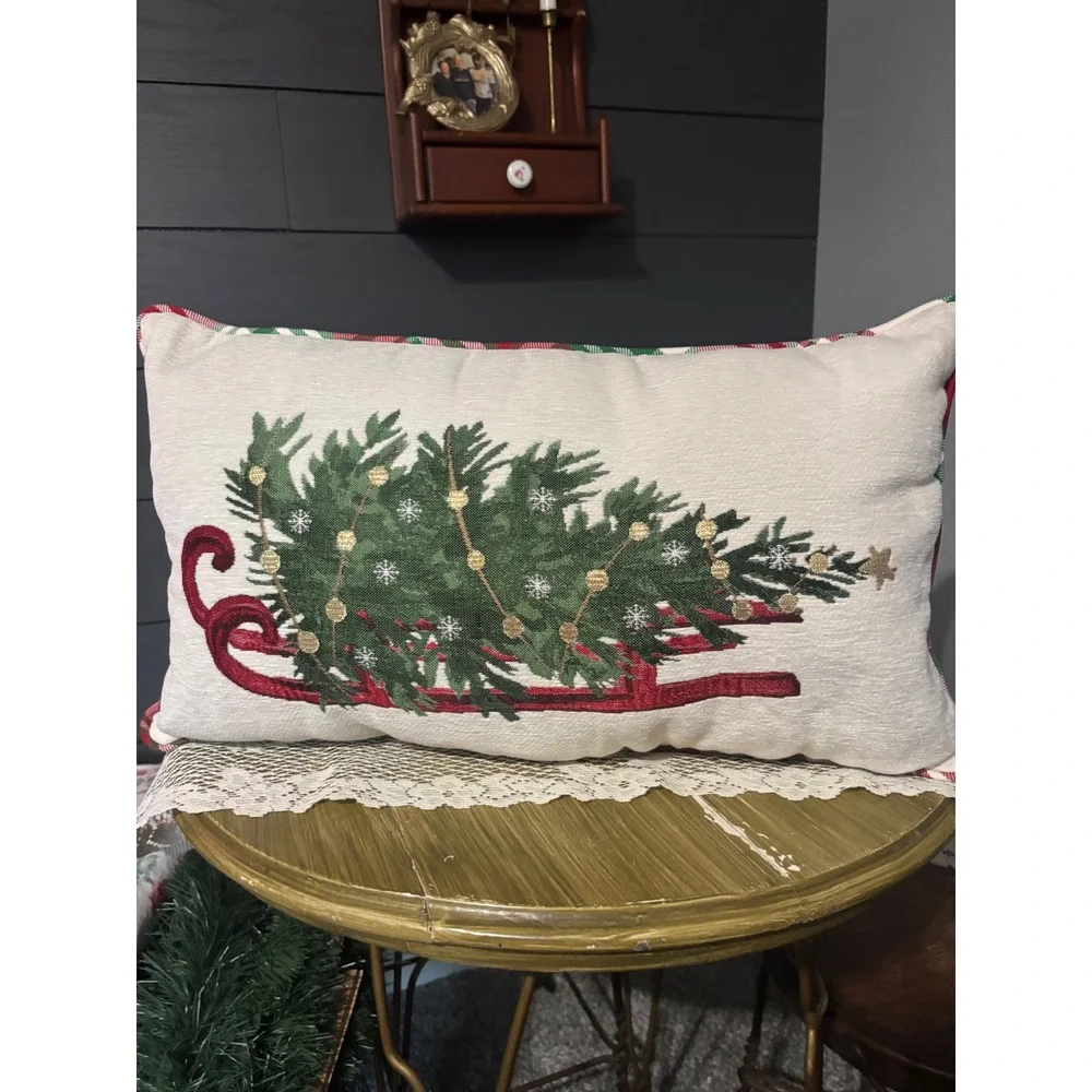 Christmas Tree Sled Lumbar Pillow Red Green Plaid Reversible Holiday Decor 20x11
